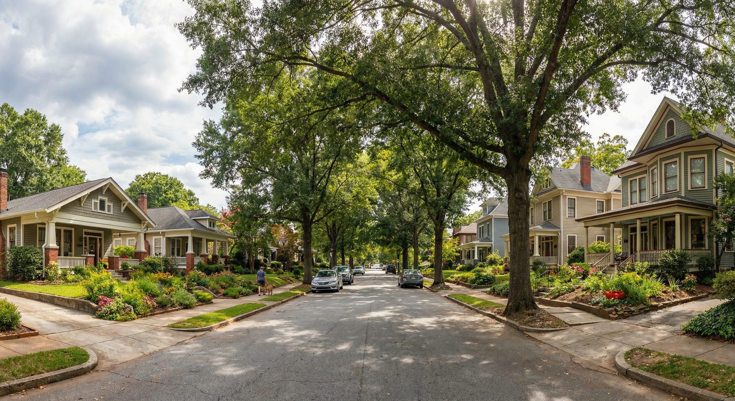 Tree-lined residential street in East Atlanta with charming homes.